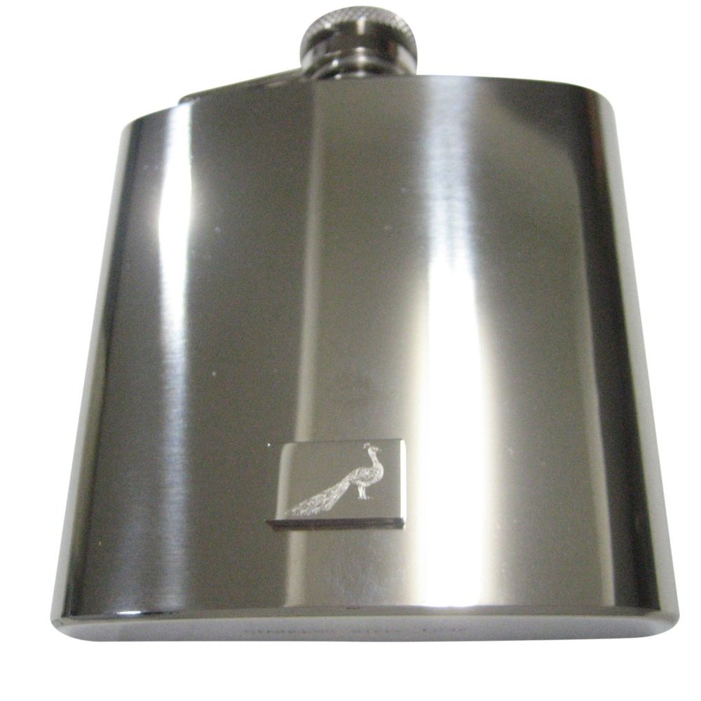 Silver Toned Rectangular Etched Peacock Bird 6oz … - image 1